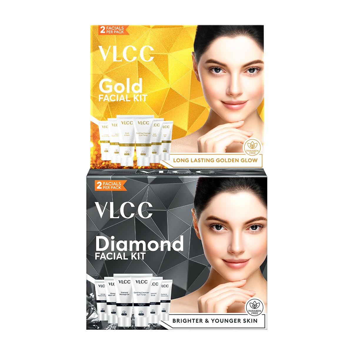 VLCC Gold Facial Kit & VLCC Diamond Facial Kit - 60g Each (Pack of 2) | Pamper your Skin for a Luminous Glow | Skin purifying with Parlour Glow | With Gold Bhasma, Colloidal Diamond & Aloe Vera