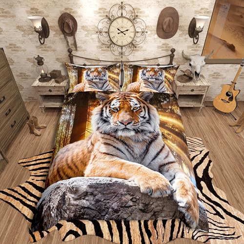 richhome Tigre Housse de Couette 220x240cm Safari Tigre Parure de Lit pour Enfants Garçons Animaux Sauvages Literie Set Couverture de Couette en Microfibre Douce Parure...