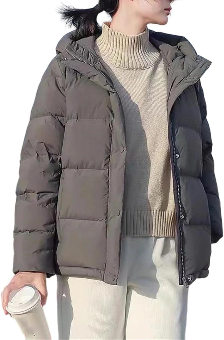 Women’s White Duck Down Jacket Hooded Solid Color Loose Fit Winter Outwear