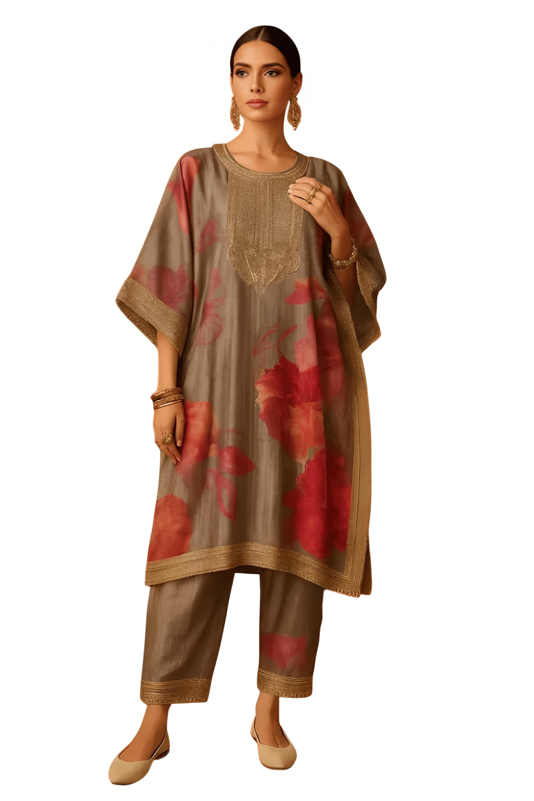 Women's Kaftan with Shimmer Pants, Organza, Regular Fit, Mirror and Gota Work, Party, Floral Print-picture-27