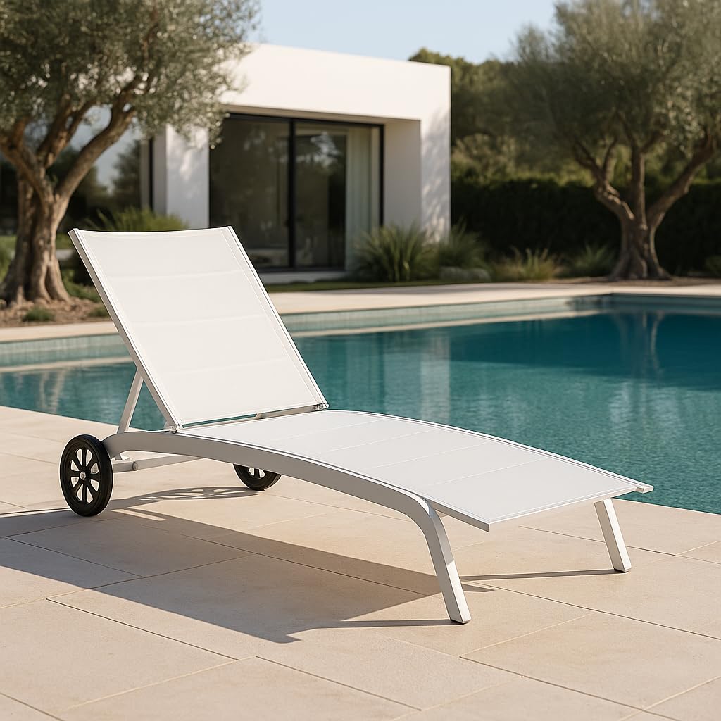 Decor Space Lettino prendisole Cleo in alluminio Bianco con ruote da giardino per esterno (Confezione da 2 pezzi)