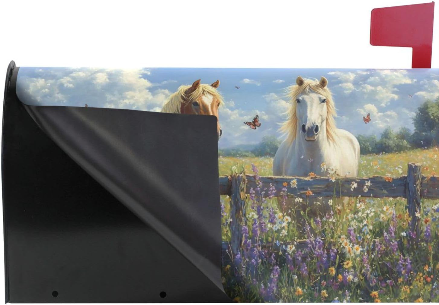 ALAZA Horse Spring Flowers Butterfly Magnetic Mailbox Cover MailWraps Garden Yard Home Decor for Outside Oversized-25.5" x20.8"02