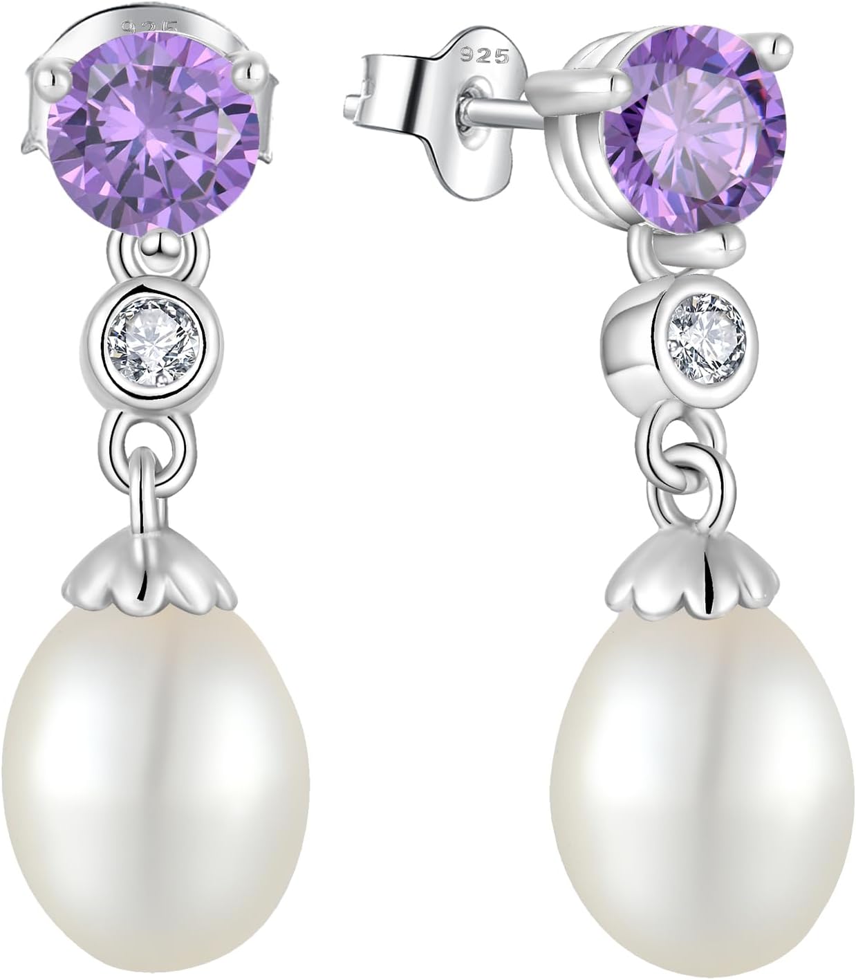 Pearl Earrings 925 Sterling Silver Cubic Zirconia Pearl Dangle Earrings with 8 * 10mm Freshwater Cultured Pearl Earrings for Bride Mother Birthday Gift
