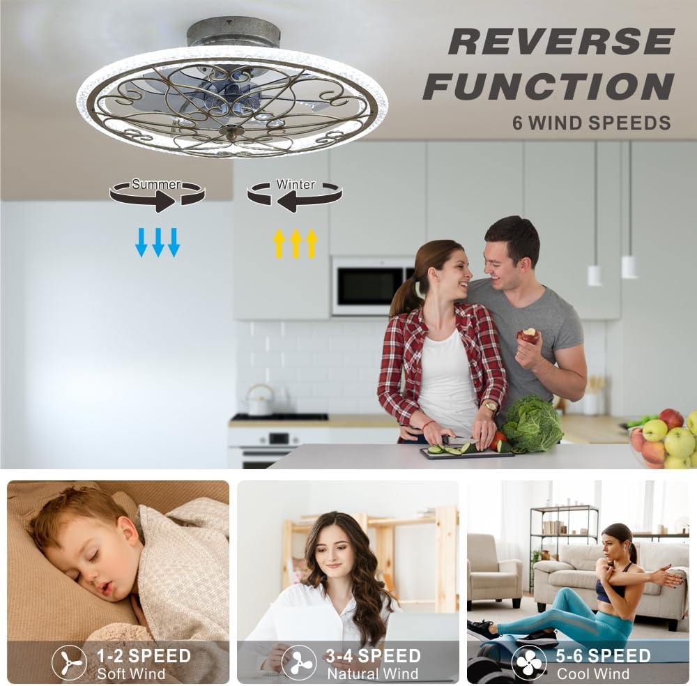 lifeholder Low Profile Ceiling Fan with Lights Remote 20" Ceiling Fan Flush Mount Enclosed Ceiling Light Dimmable Ceiling Lights Chandeliers Handmade Antique Vintage Silver