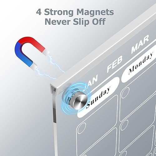 Miniatura 6 de Yamteck Planificador magnético acrílico LED, calendario semanal mensual con luz para nevera. Pizarra de borrado en seco brillante con 6 marcadores,