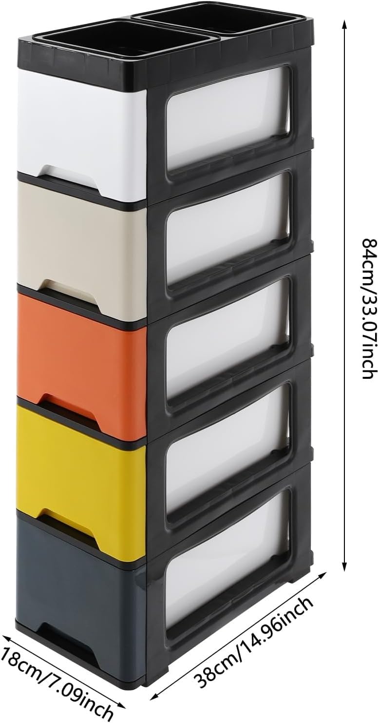 Cassettiera Salvaspazio con 5 Cassetti Mobiletto Stretto con Ruote Organizer in Plastica PP per Bagno Ufficio Casa Carrello Portaoggetti per Angoli Stretti(Black+Colorful Modern Colors)
