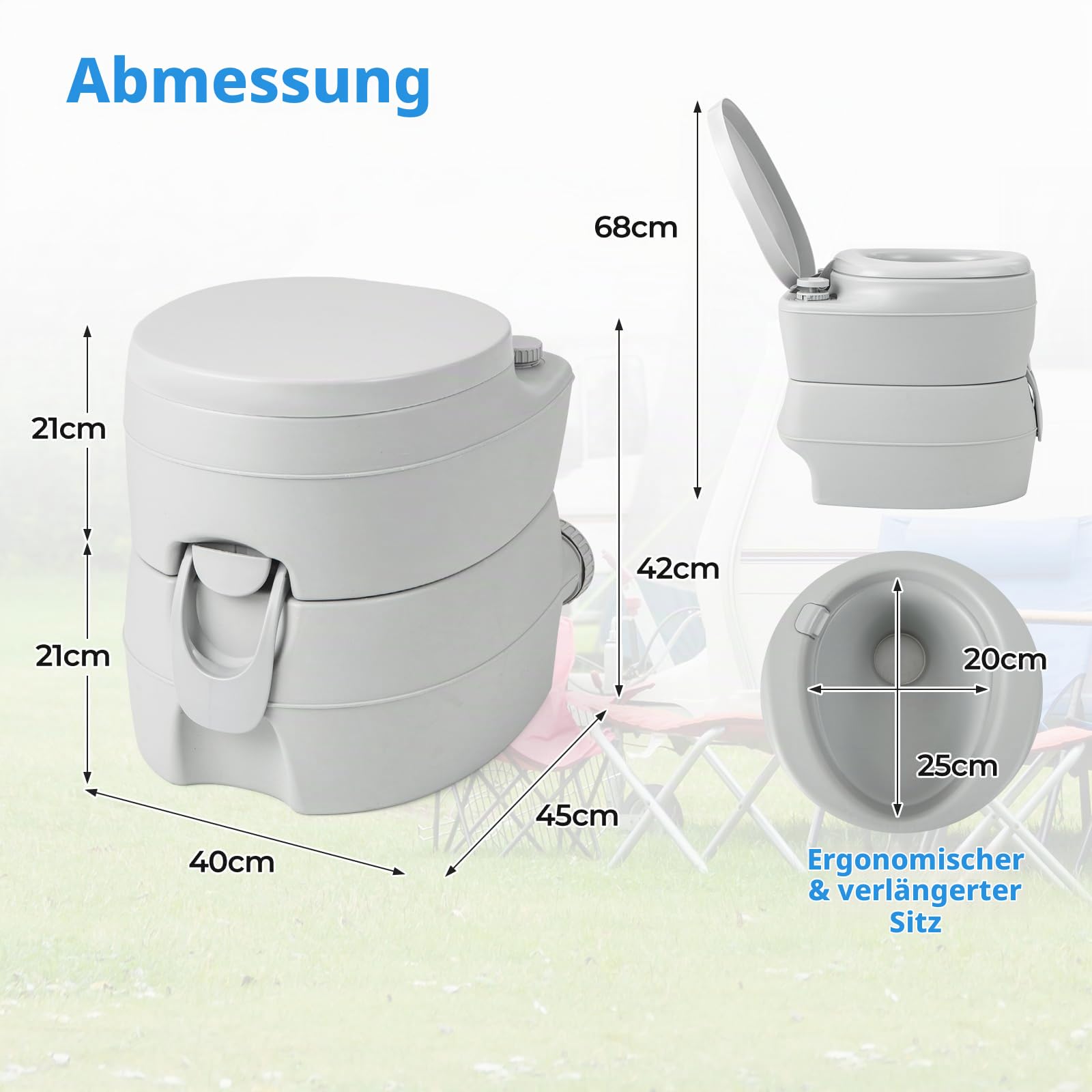 SOARS Tragbare Campingtoilette, Camping WC mit Spülpumpe, 20L Abwassertank, Campingklo mit Tragegriff, Reisetoilette 150 kg belastbar, Sitzhöhe 40cm