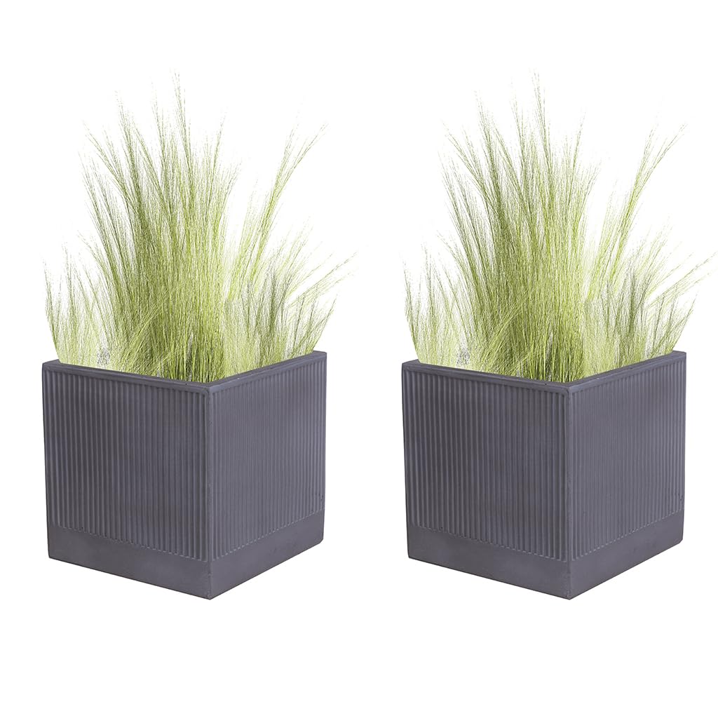 Dibor Fibre Clay Box Planters 30cm Set of 2 Plant Pots Outdoor Planters Striped Finish Flower Pot Patio Decking Doorstep Porch Houseplant Shrub Topiary Bush Square Plant Pots (Grey, Medium 20L)