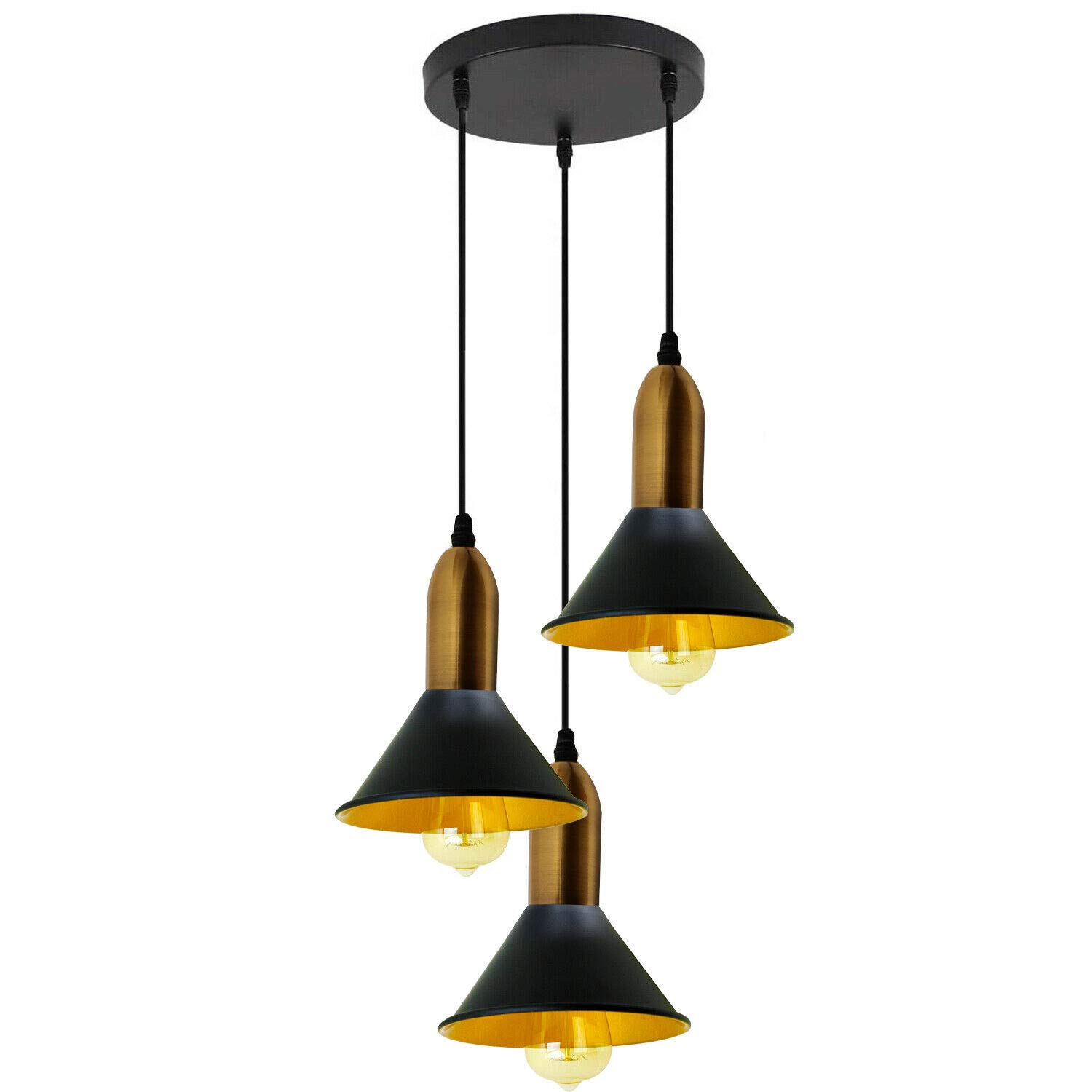 DC VOLTAGE Tier 3 Head Ceiling Pendant Light, Hanging E27 Adjustable 3 Way Lamp, 18cm Metal Light Shade Cluster Island Edison Living Room Fitting, Kitchen, Bedroom Lighting (Black)
