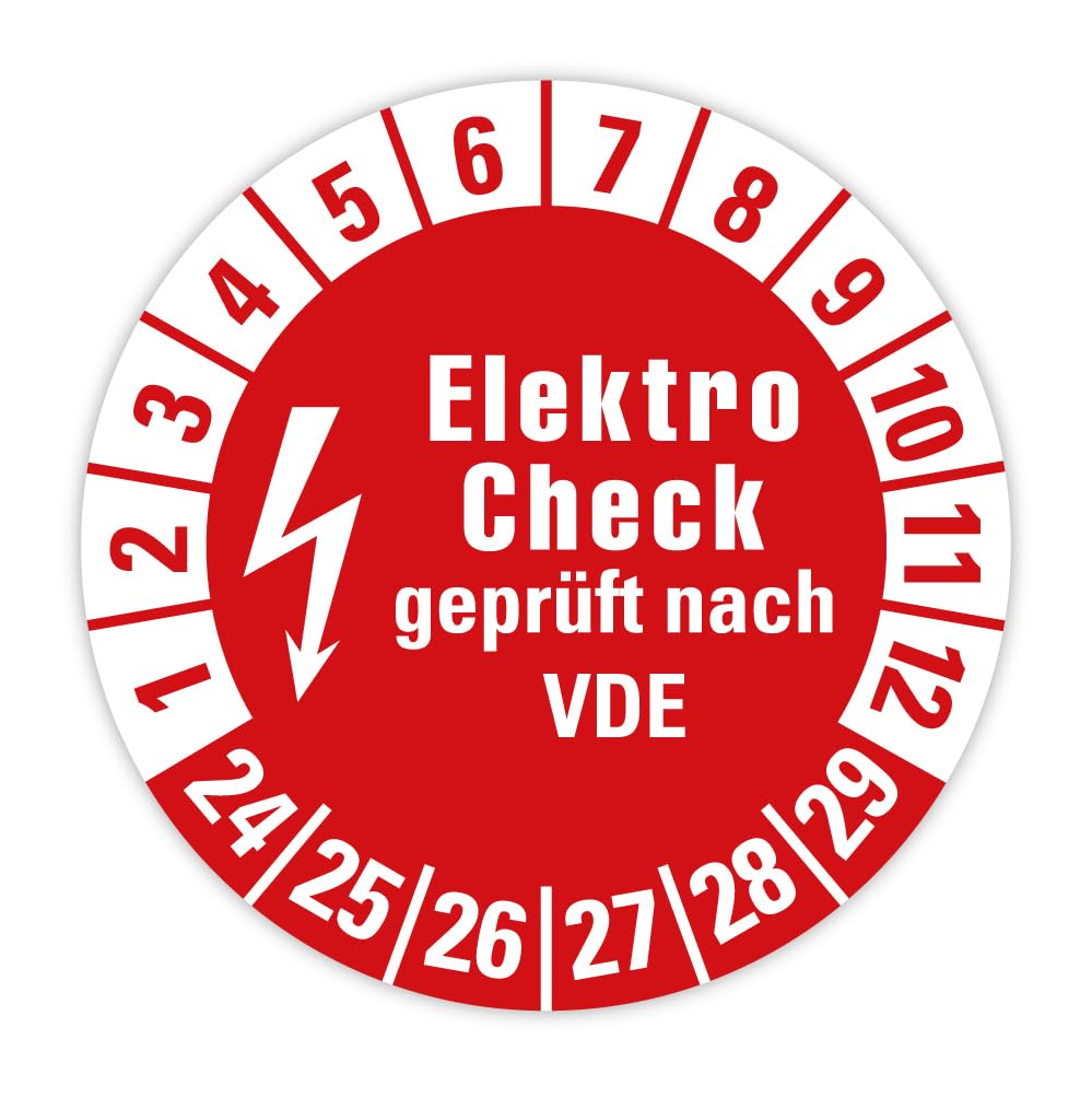 Produktbild von Prüfplakette „Elektro Check Geprüft Nach VDE 2024-2029“ – 30mm Rot, 100 Stück – Selbstklebend, UV- & Wetterfest – Made In Germany