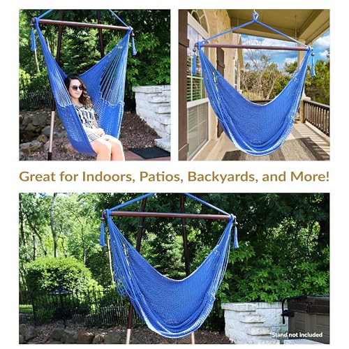 Image of Sunnydaze Outdoor Hammock Chair Swing for Reading - Hanging Hammock Swing for Indoor or Patio - 300lb Capacity - Caribbean XL - Blue