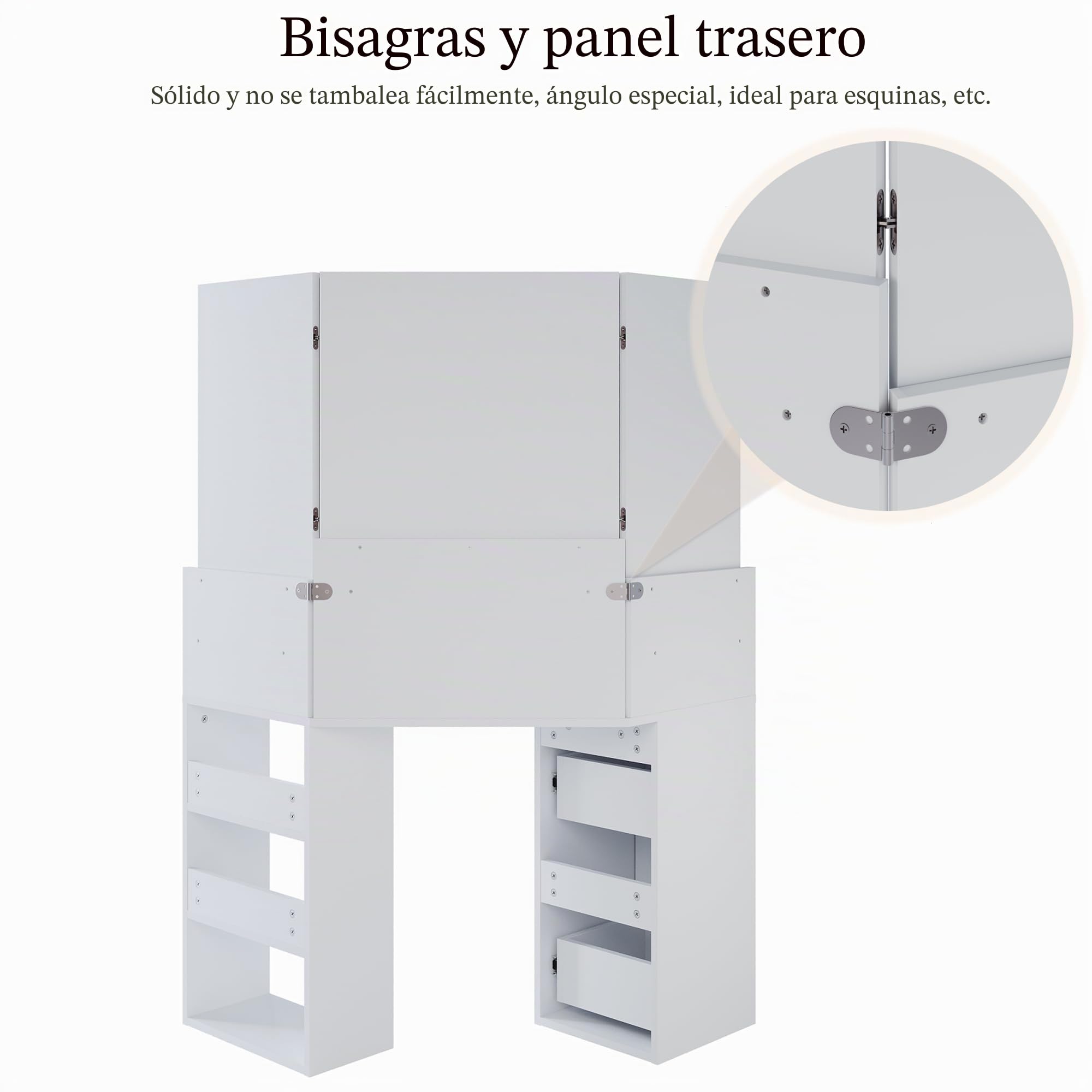 Tocador esquinero con espejo plegable, 110 x 54 x 141,5 cm, iluminación, 3 modos de luz, brillo ajustable, tocador con cajones y compartimento abierto, color blanco