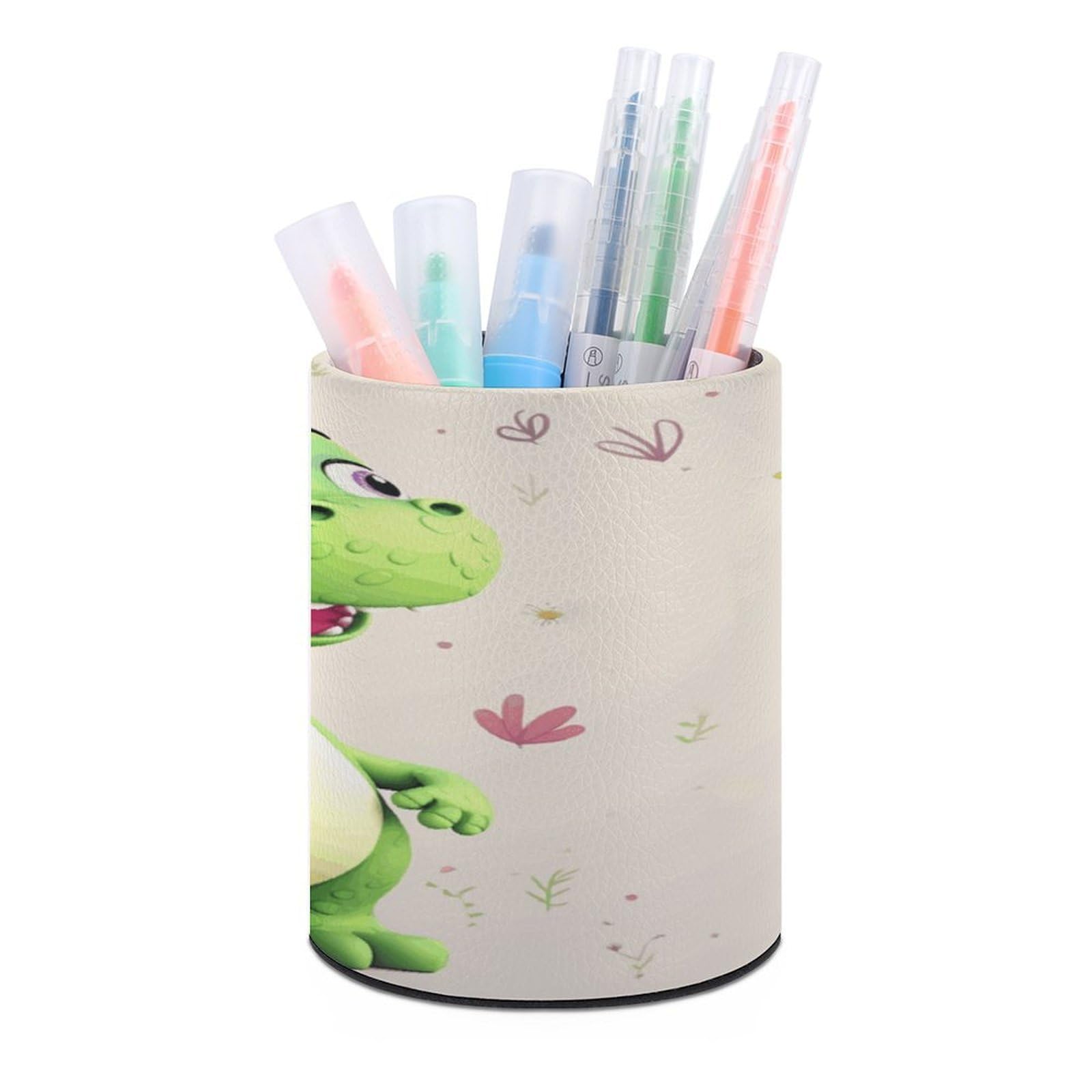 JTREHY Cute Dinosaur Pen Holder Round Pen Pencil Holder Makeup Brush Holders Cup PU Leather Pencil Cups Desktop Caddy Stationery Organizer Case Office Accessories Container Box