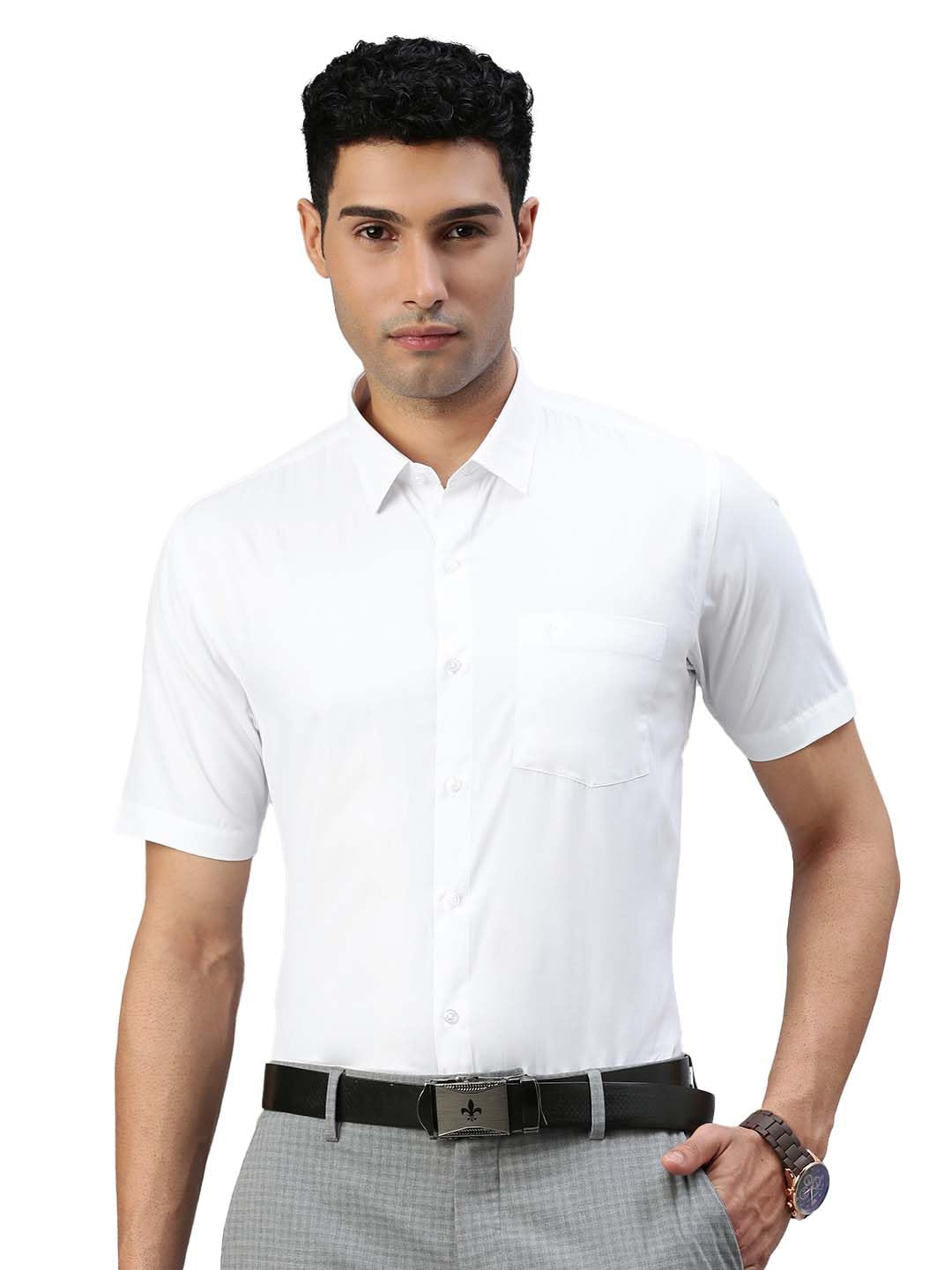 RAMRAJ COTTON Men White Half Sleeve Shirt Crafted For Comfort| Durability| And Timeless Everyday Style