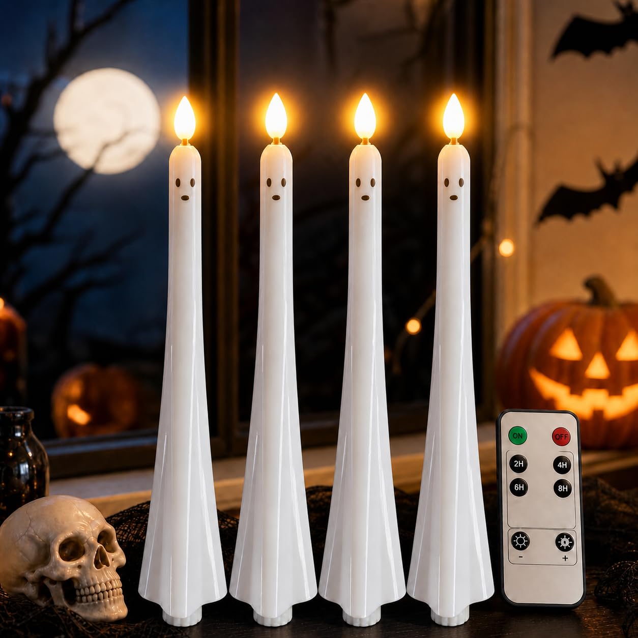 4PCS Halloween Ghost Flameless Taper Candles with Remote and Timer