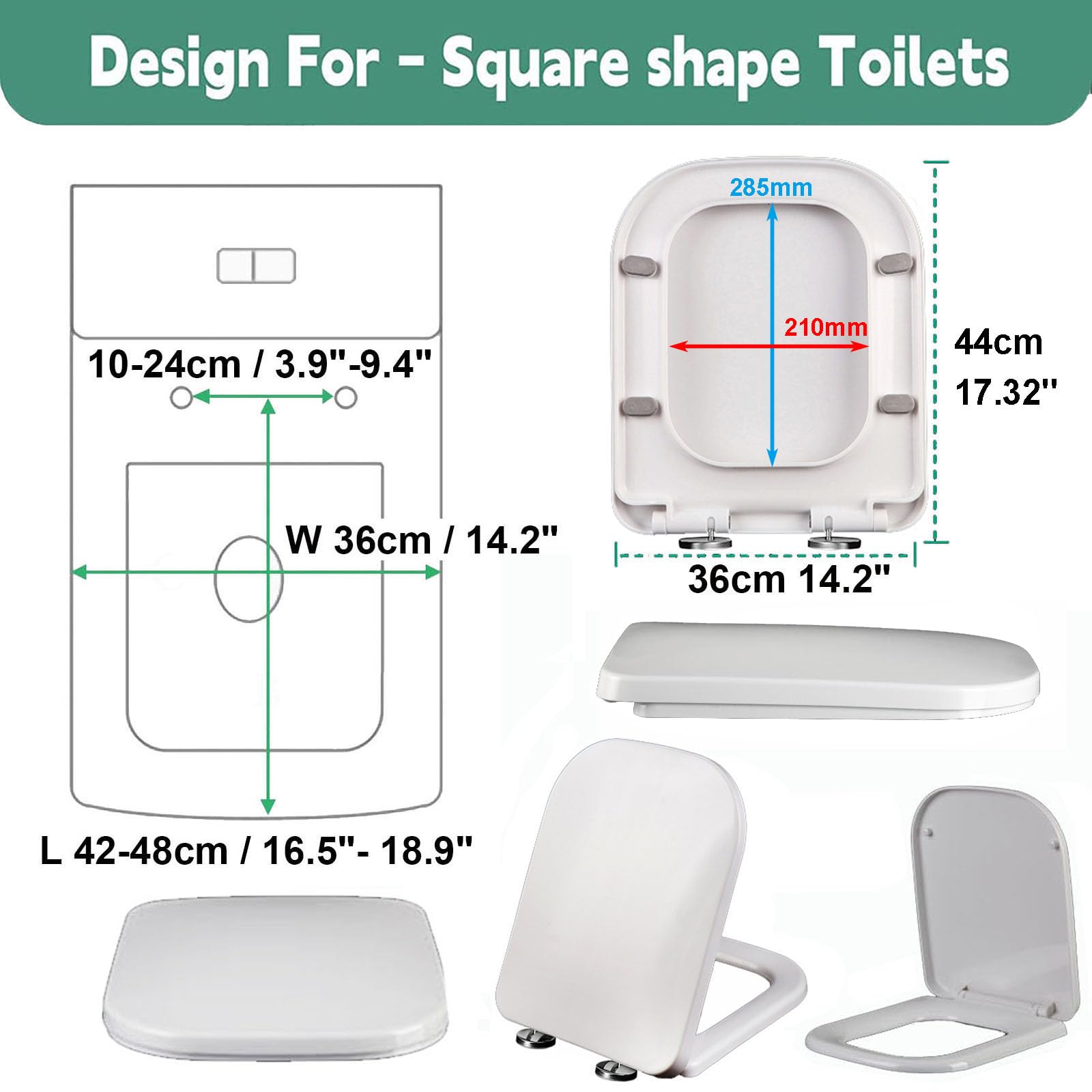 Tapa WC Rectangular. Asiento para Inodoro Cuadrada, Amplia Selección De Asientos De Inodoro De Cierre Lento,Cierre Lento, Bisagras Fuertes Fijación Superior,36 * 44cm