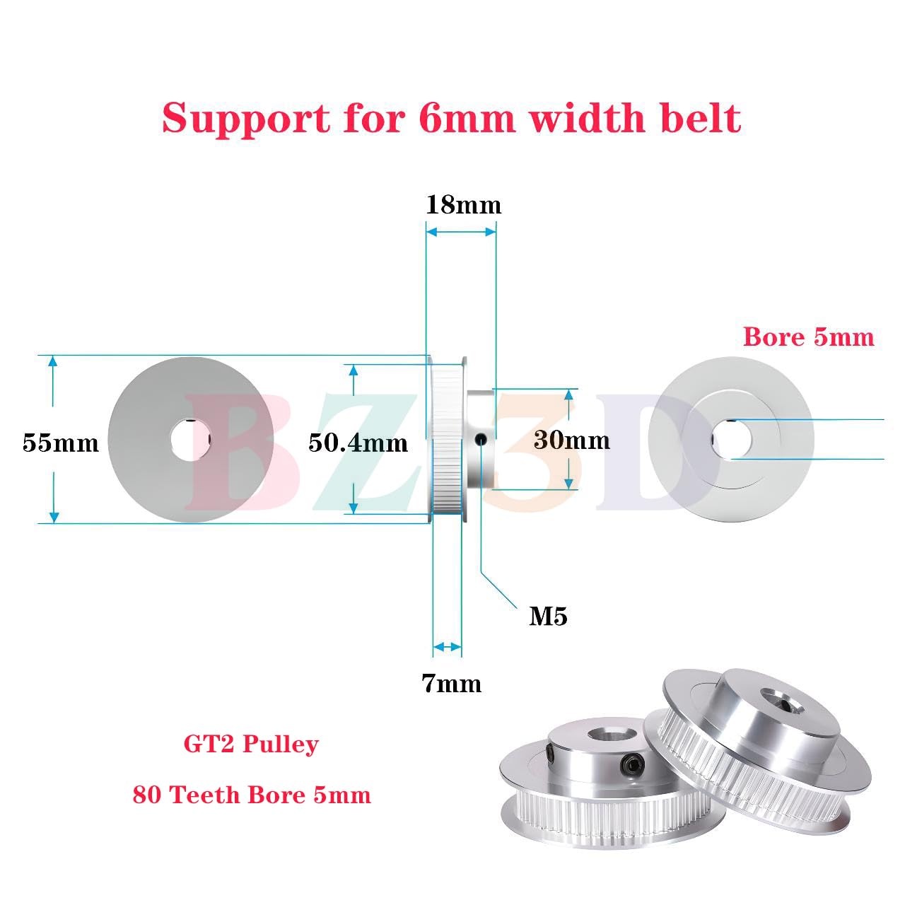 GT2 Pulley 80 Teeth 5mm Bore 6mm Width Timing Belt Pulley Aluminum 80T 5mm Bore Pulley Wheel for Voron 2.4 for 6mm Width GT2 Timing Belt for 3D Printer,CNC (4pcs) — Amazon image 2