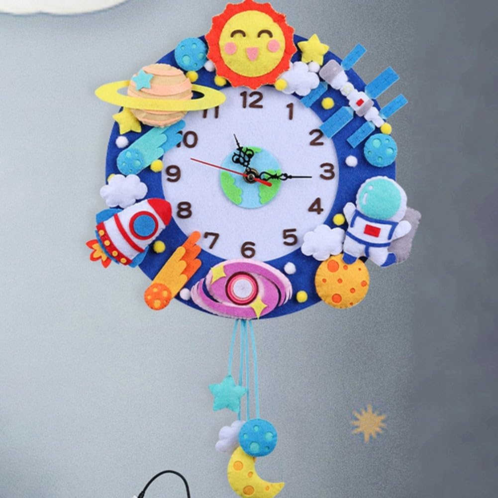 Orologio da parete in stile cartone animato fai da te unico pezzo decorativo divertente per bambini ornamenti fatti a mano personalizzabili con materiale non tessuto (E)
