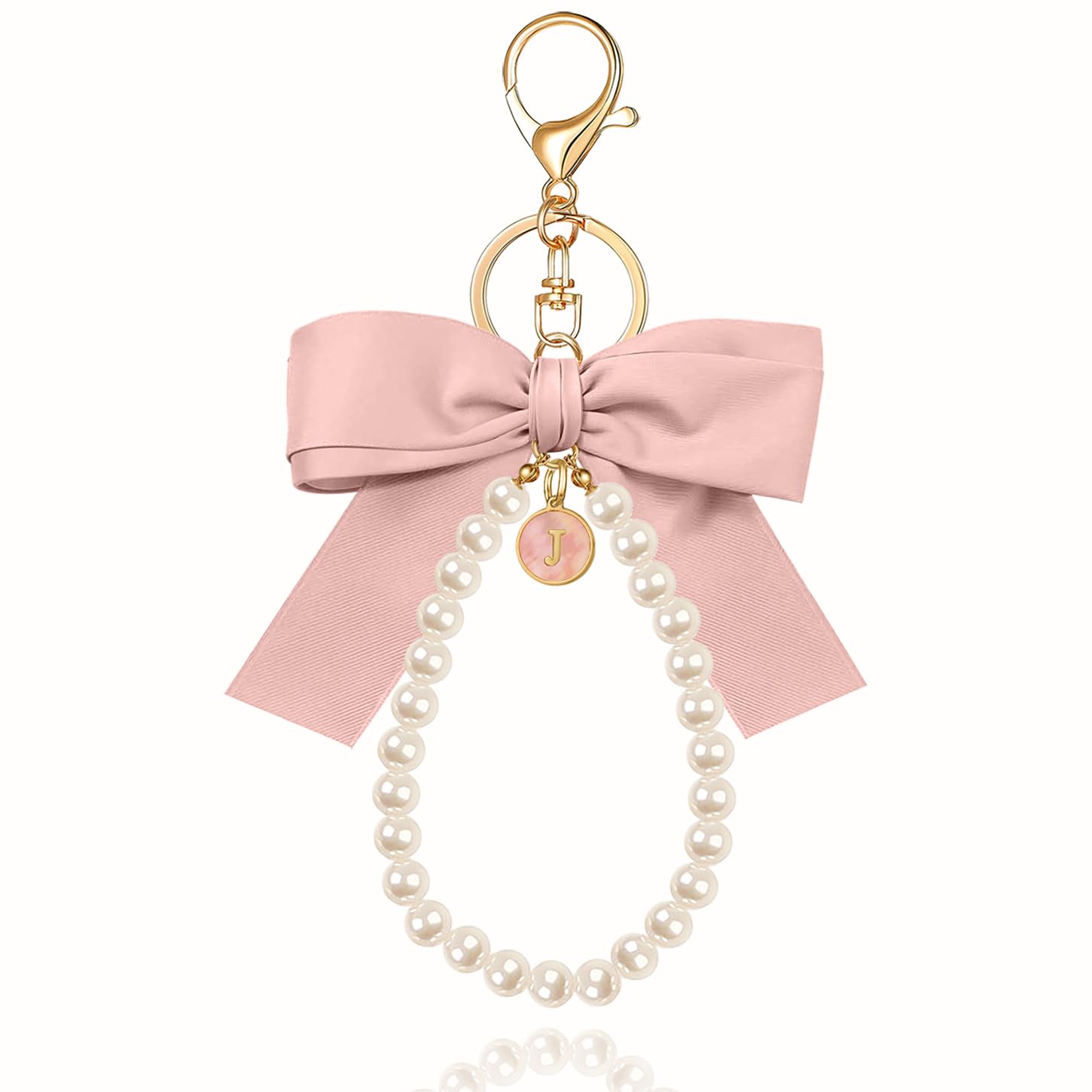 XGALBLA Initial Letter Cute Coquette Bow Keychain for Women, Wristlet Simulated Pearl Keychains Bag Charms for Handbags