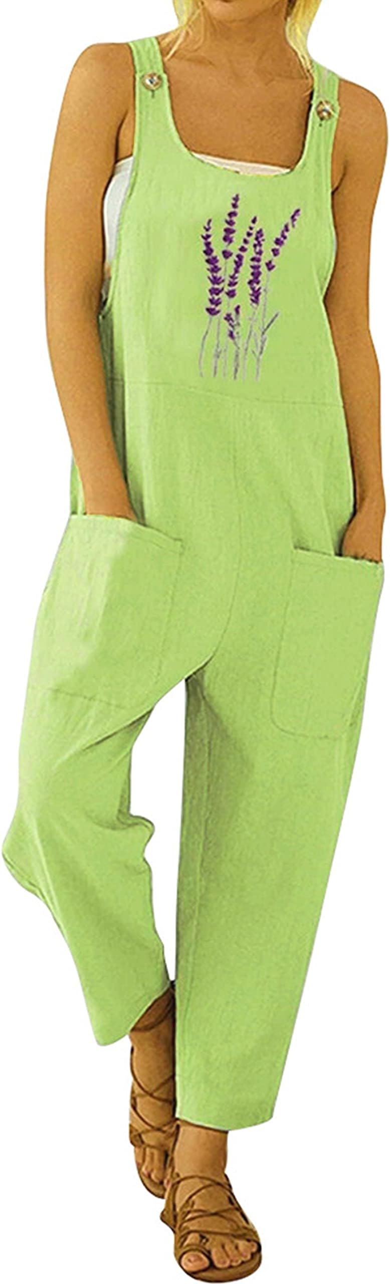 Gihuo Women's Cotton Linen Overall Flower Print Loose Fit Bib Overall Jumpsuit