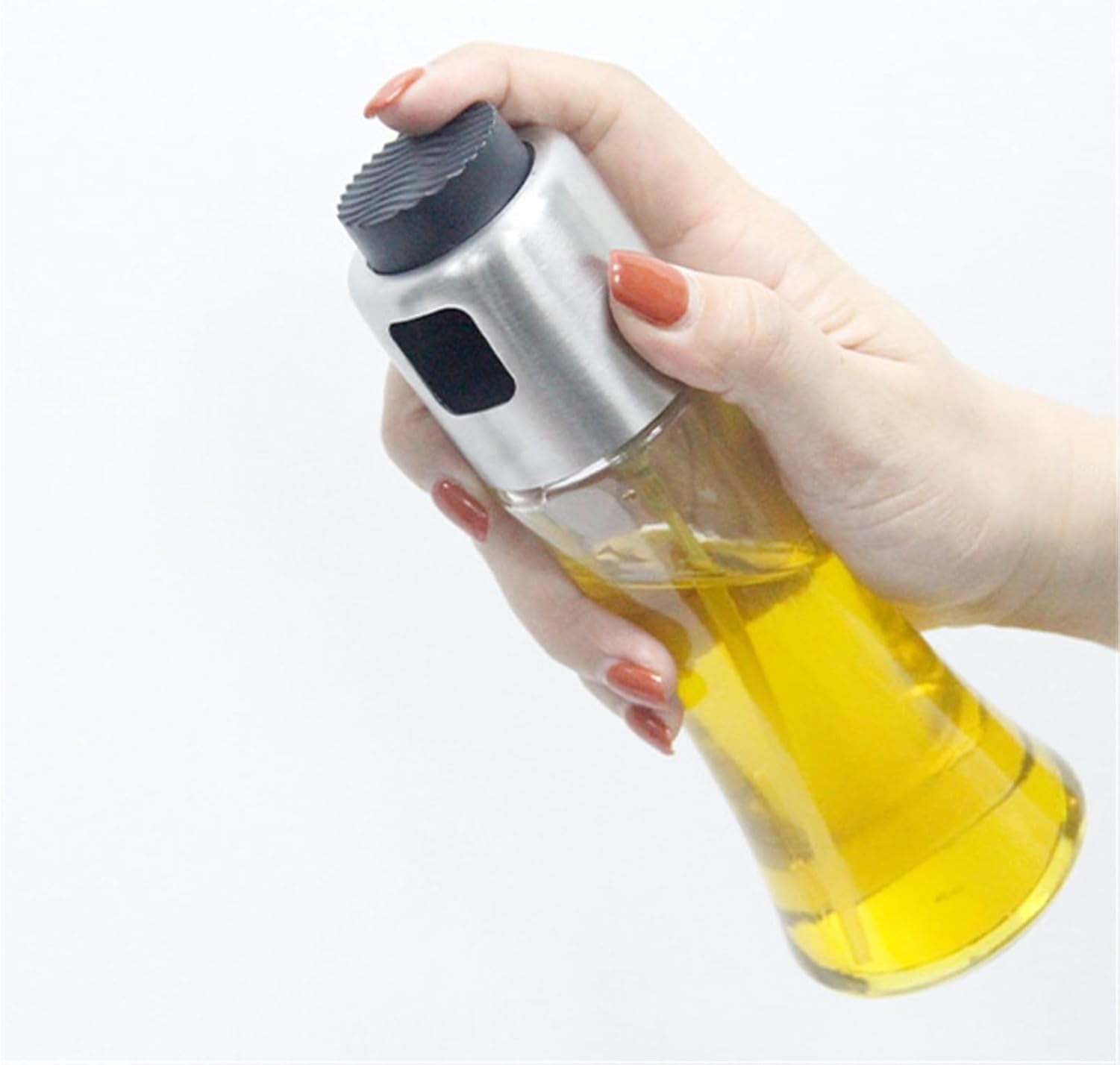 Wiederverwendbare Ölflasche Küche, Olivenölspender Sprühflasche geeignet für Kochen Heißluftfritteuse Grillen Salat Backen, 300ml, Silver, 180ml