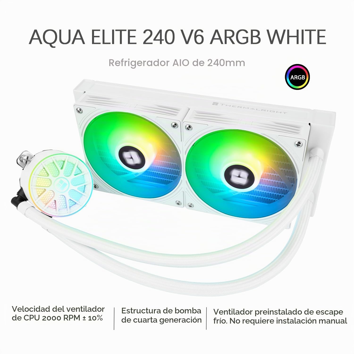 TR-Thermalright AQUA ELITE 240 V6 ARGB Witte vloeistofcpu-koeler, 240 mm all-in-one (AIO) koeling, dubbele PWM-ventilatoren met ARGB, compatibel met AMD AM4/AM5, Intel LGA1851/1700/115x/1200 (Wit)