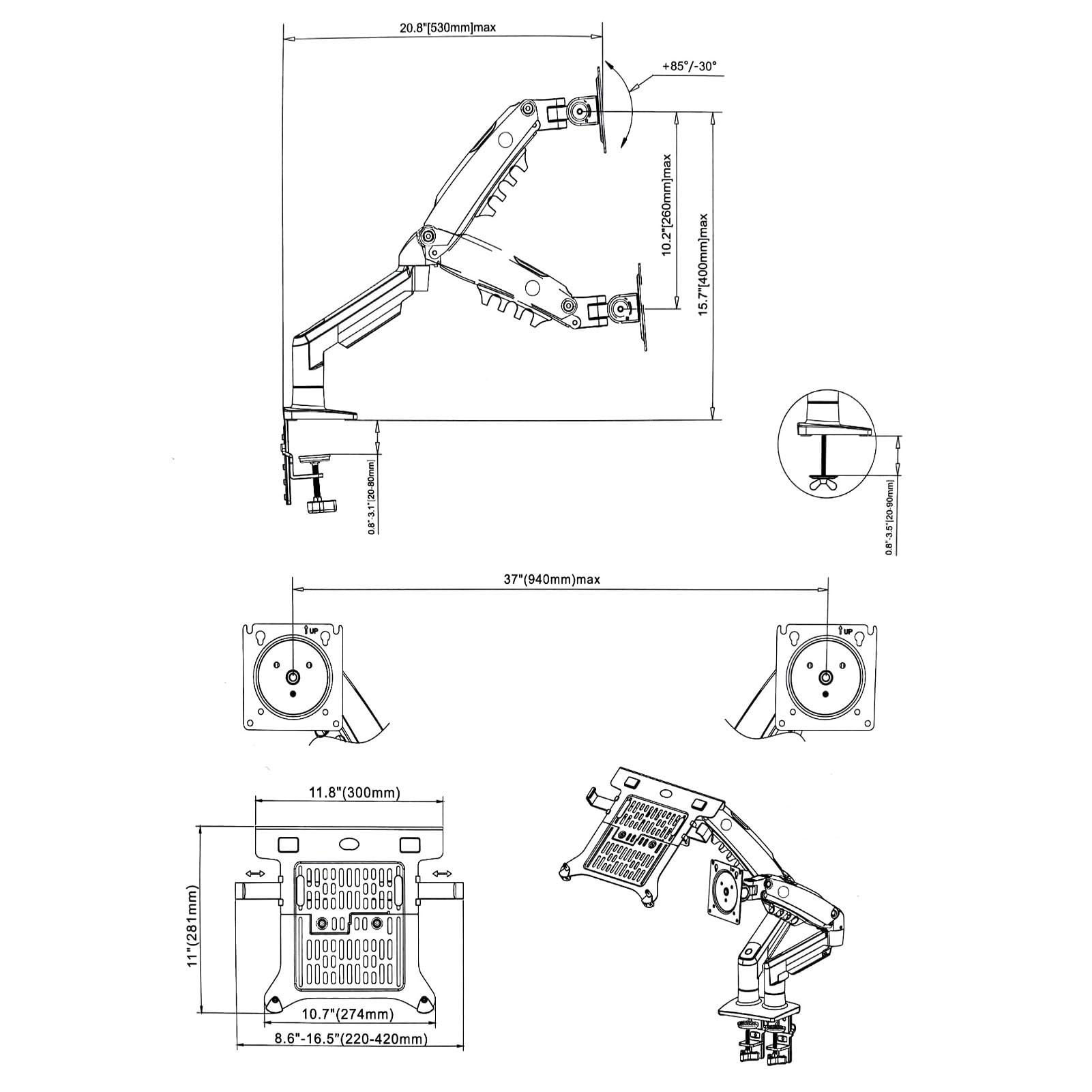 Supporto per Monitor con Estensione 940mm, Staffa Regolabile per Display