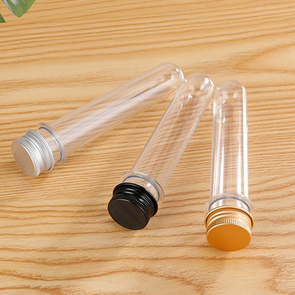 50 botellas de plástico PET vacías de tubo de ensayo cilíndrico transparente con tapa de aluminio de rosca para plantas, especias, caramelos, contenedores portátiles recargables (80 ml, plateado)
