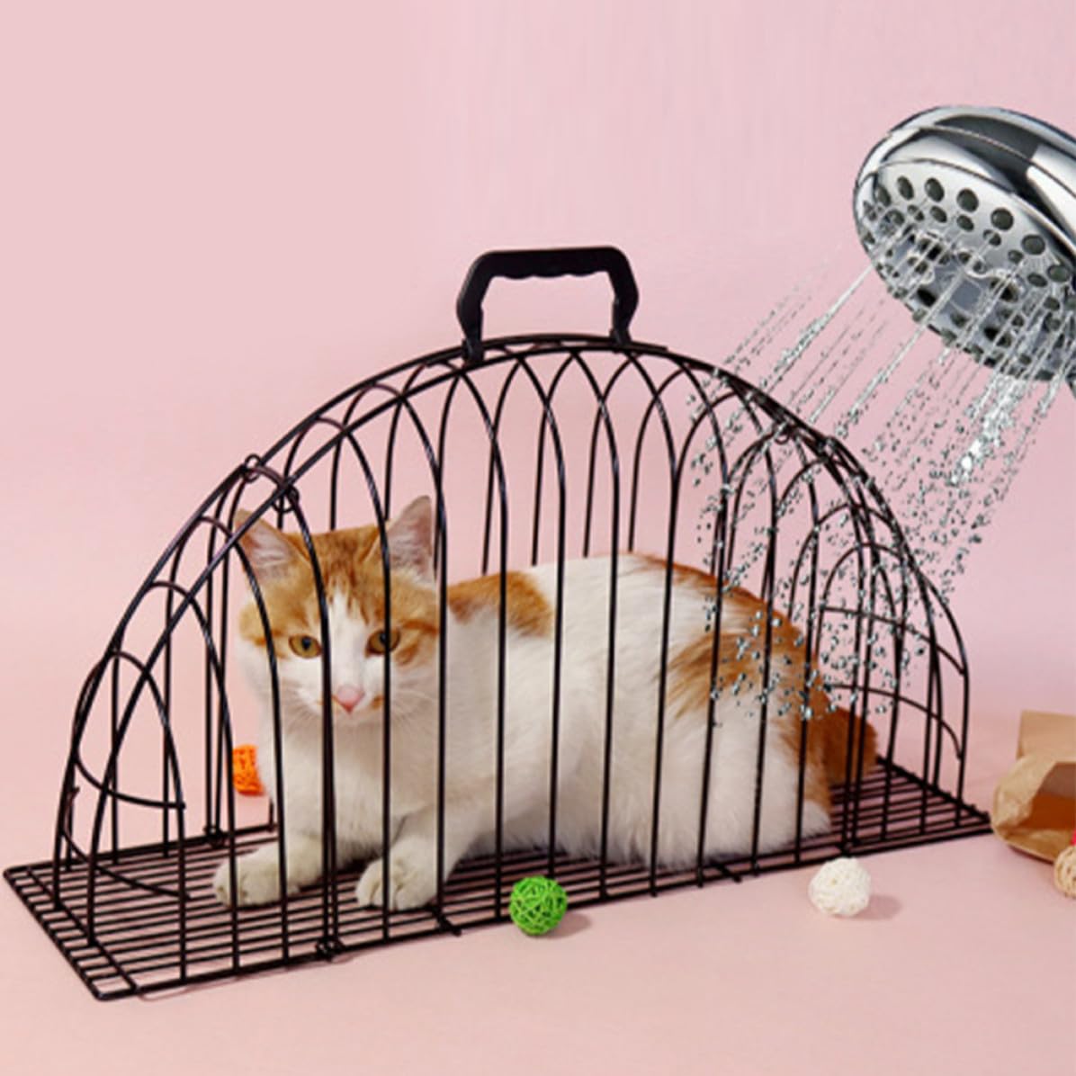 Gabbia per Bagno dei Gatti, Metallo Nero, con Spazzola, Pieghevole | Design Traforato con Chiusura a Fibbia, per Casa e Negozio, Facilita L'asciugatura, Protegge Durante Lavaggio Stile Casuale