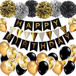 Geburtstagsdeko, Schwarz Gold und Silber Geburtstag Dekoration Set, Happy Birthday Girlande mit Pompoms und Luftballons…