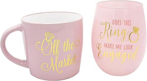 Juego de regalo de copa de vino y taza de café de cerámica sin tallo, para novia, fuera del mercado, "Does This Ring Make Me Look Engaged", copa de