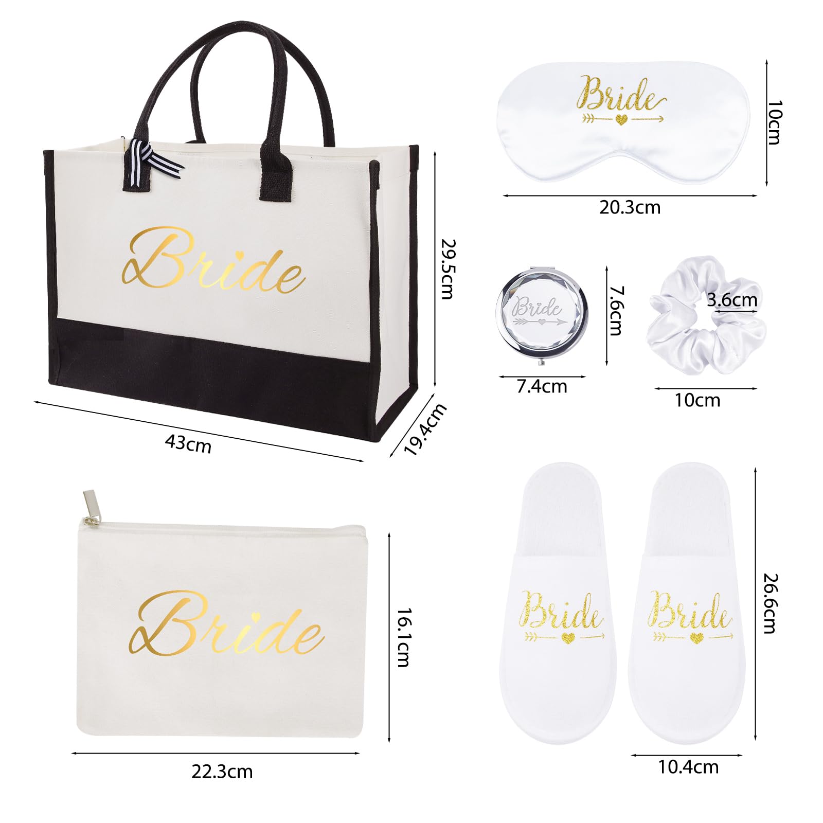 6 Pack Bride to Be Gifts Include Large Bride Tote Bag Slippers Hair Scrunchie Makeup Mirror Silk Sleep Eye Mask Makeup Bag - Image 2