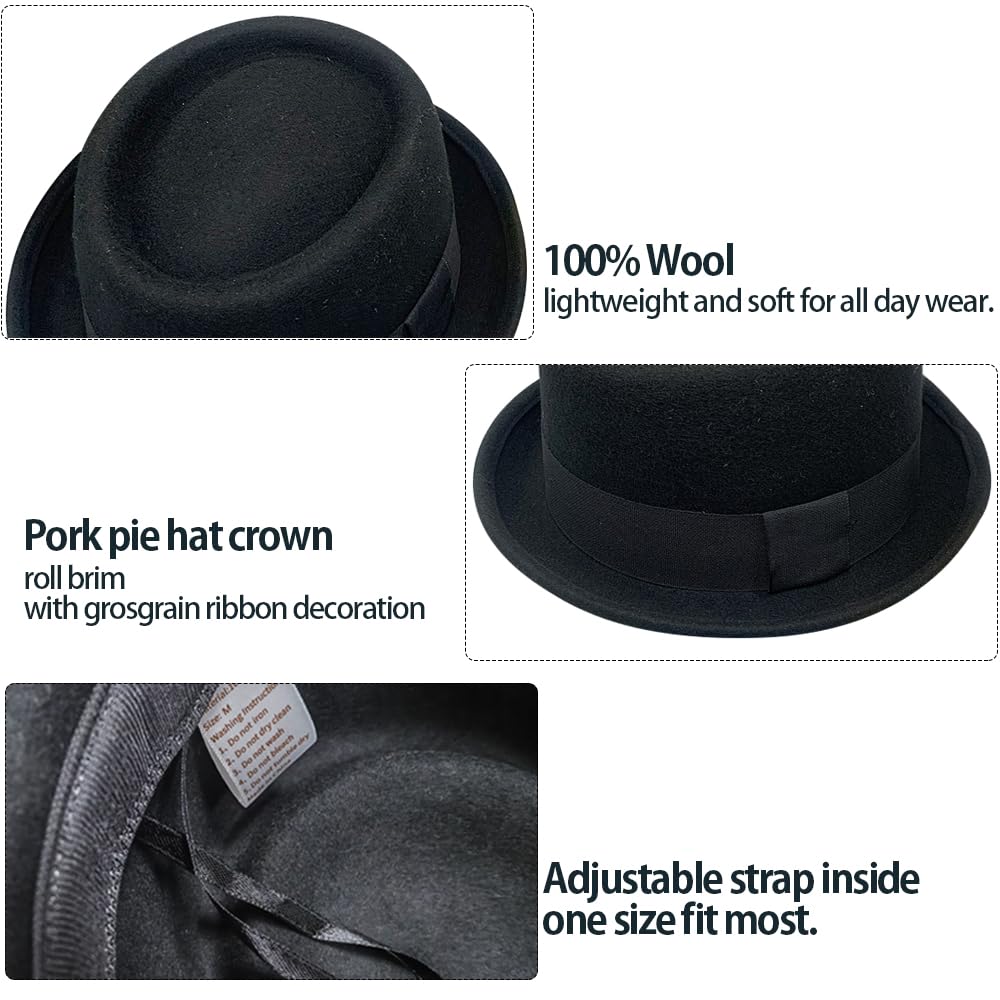 INOGIH Pork Pie Bombette en feutre de laine Porkpie Boater Derby Chapeau Fedora pour homme femme (S/M)