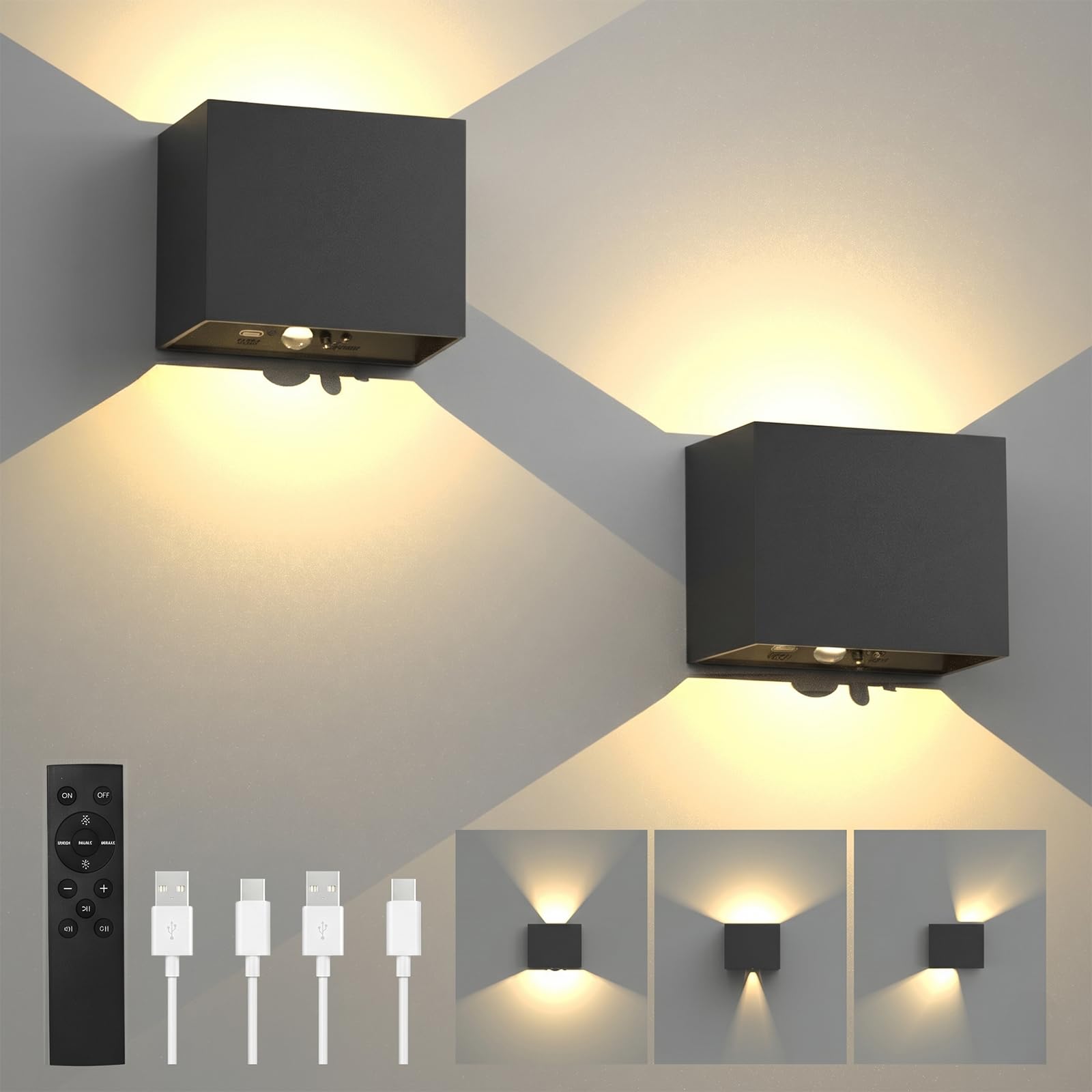 T-SUN 2 Piezas Aplique de Pared con Detector de Movimiento y Mando, 3 Modos Lámpara de Pared Recargable Sin Cable, Aplique de Pared Superior e Inferior con Temporizador para Interior/Exterior