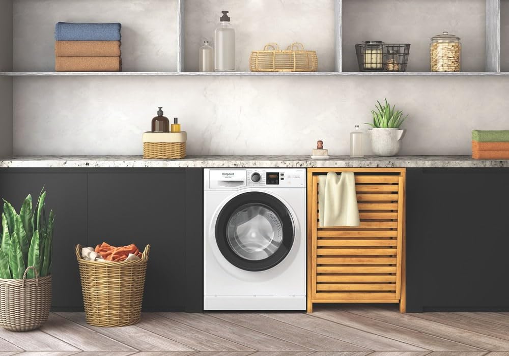 Hotpoint - NS8489WKFR Lave-linge Hublot Posable - Capacité 8kg - Essorage 1400 tr/min - Écran Digital, Pesée Automatique - H 85 x L 59,5 x P 60,5 cm - Classe Énergétique A - Blanc