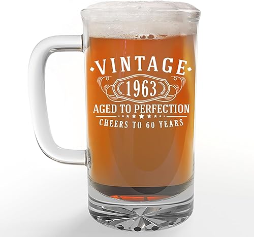 Taza de cerveza de vidrio vintage de 16 onzas con estampado negro de 16 onzas, regalos de feliz cumpleaños 60 para hombres y mujeres, saludos a los