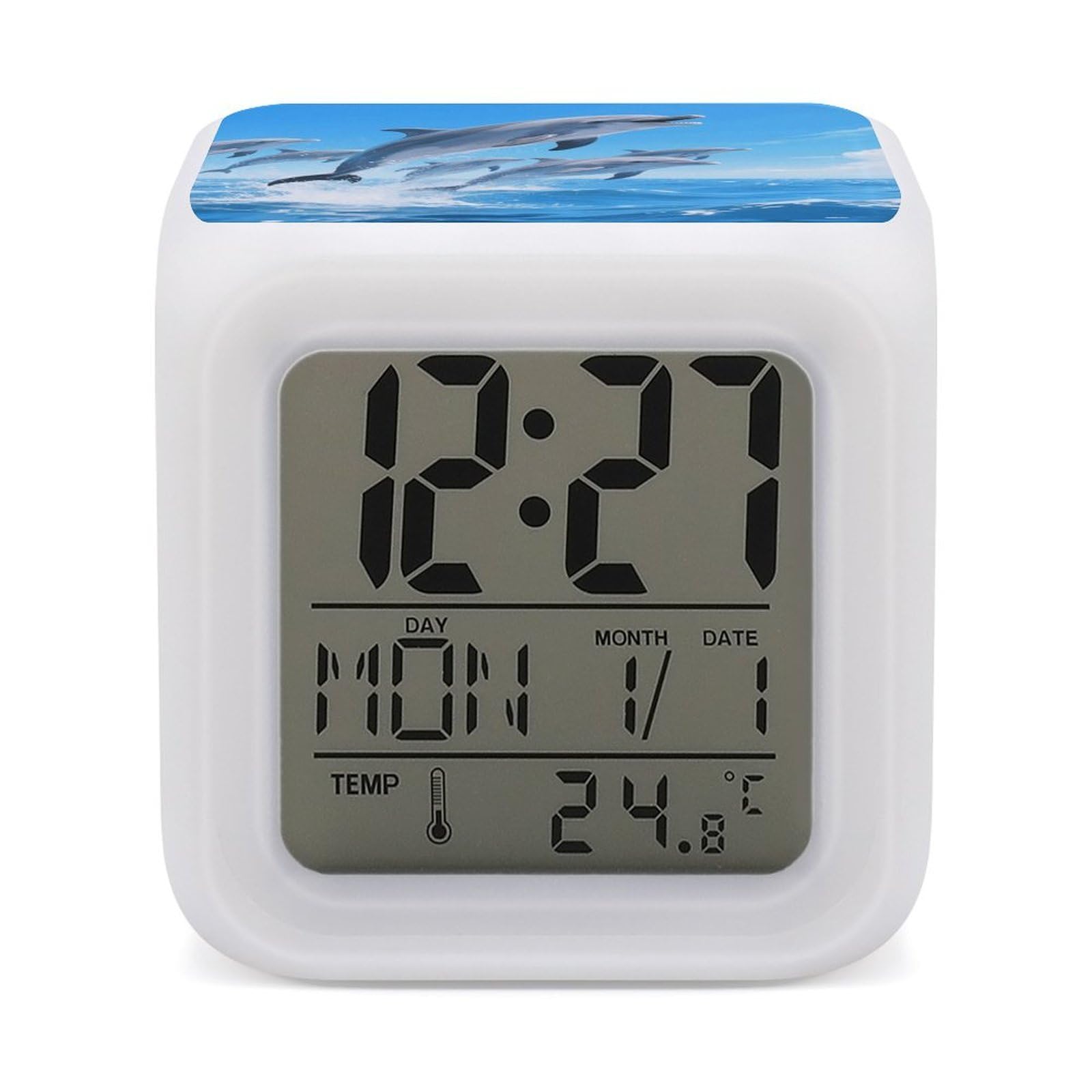 VstaDank Dolphins Alarm Clock with Date Temperature Large LED Display Number Clocks with 7 Colors Changing Desk Clock Battery Operated Digital Clocks with Date for Heavy Sleepers