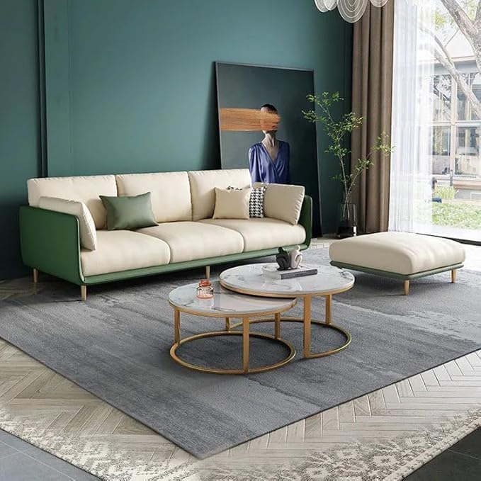 Image of Modern & Luxury Velvet Comfortable Sofa with Cushion Chaise Lounge Sectional Sofa Ideal for Living Room and Bedroom, Visitors' Home and Office. (3+1+1 Green Leather+Velvet Beige)