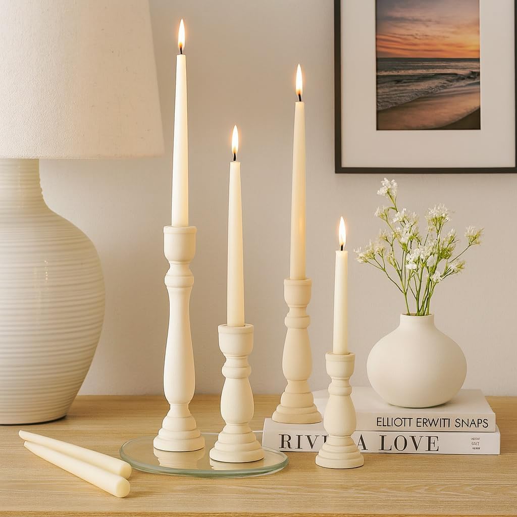 Koyal Wholesale White Candlestick Holders & White Taper Candle Holder Set of 12, Unfinished Wood & Boho Candle Holders - Wooden Candlestick Holders for Elegant Decor