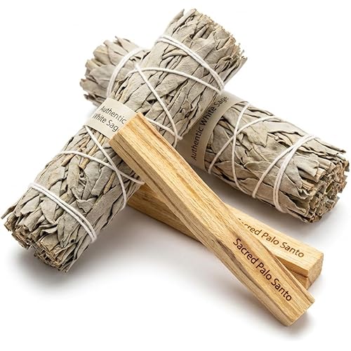 New Age Smudges and Herbs Smudge Kit - 2 California White Sage Smudge Stick for Cleansing (Salvia Apiana) with 2 Palo Santo Incense Sticks (Holy Wood) - Sage Bundles …