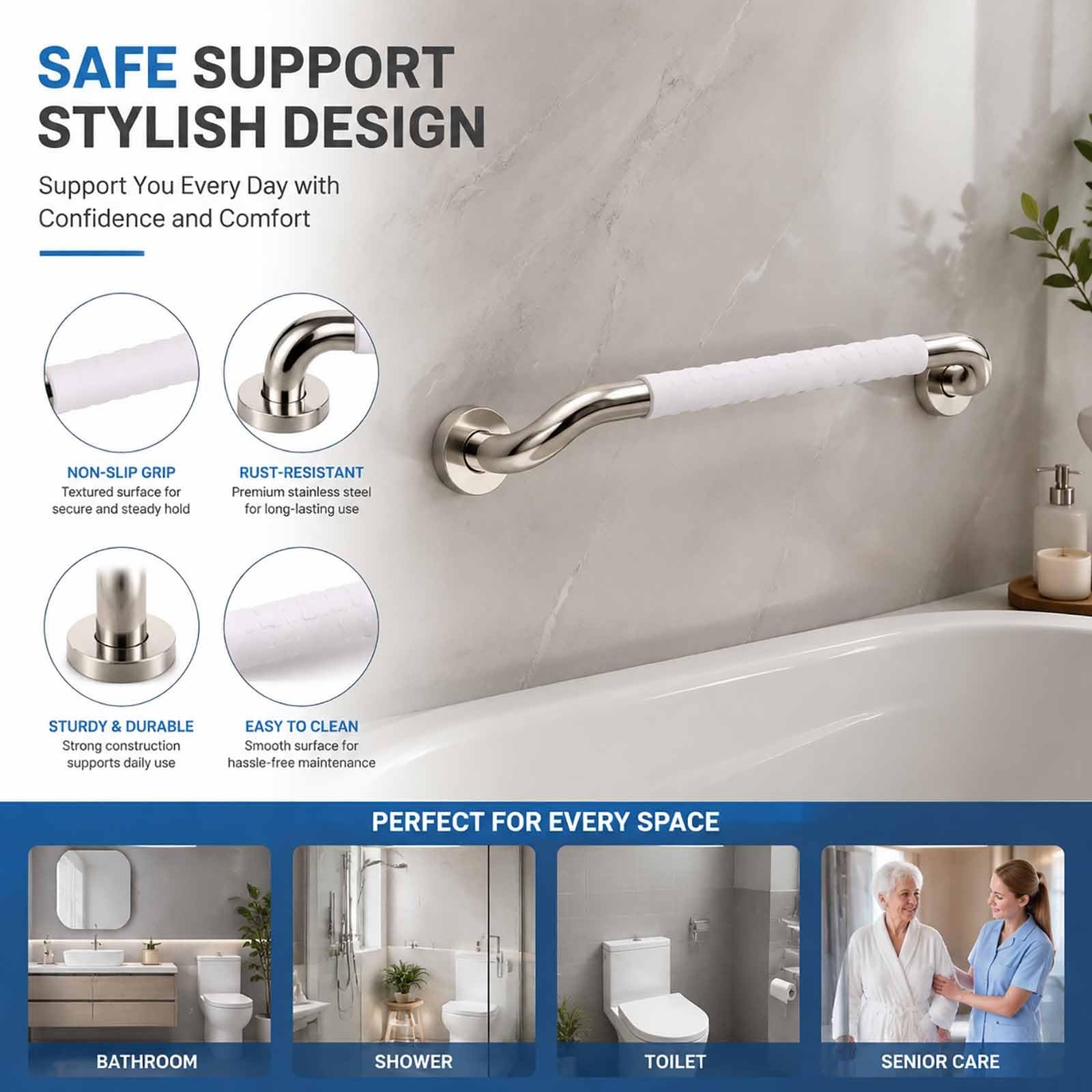 Maniglioni Di Sostegno per Vasca Da Bagno, Ausili per Disabili con Particelle Antiscivolo, Maniglione Dritto In Acciaio Inox A Parete per Bagni Domestici Accessibili(73.5cm)