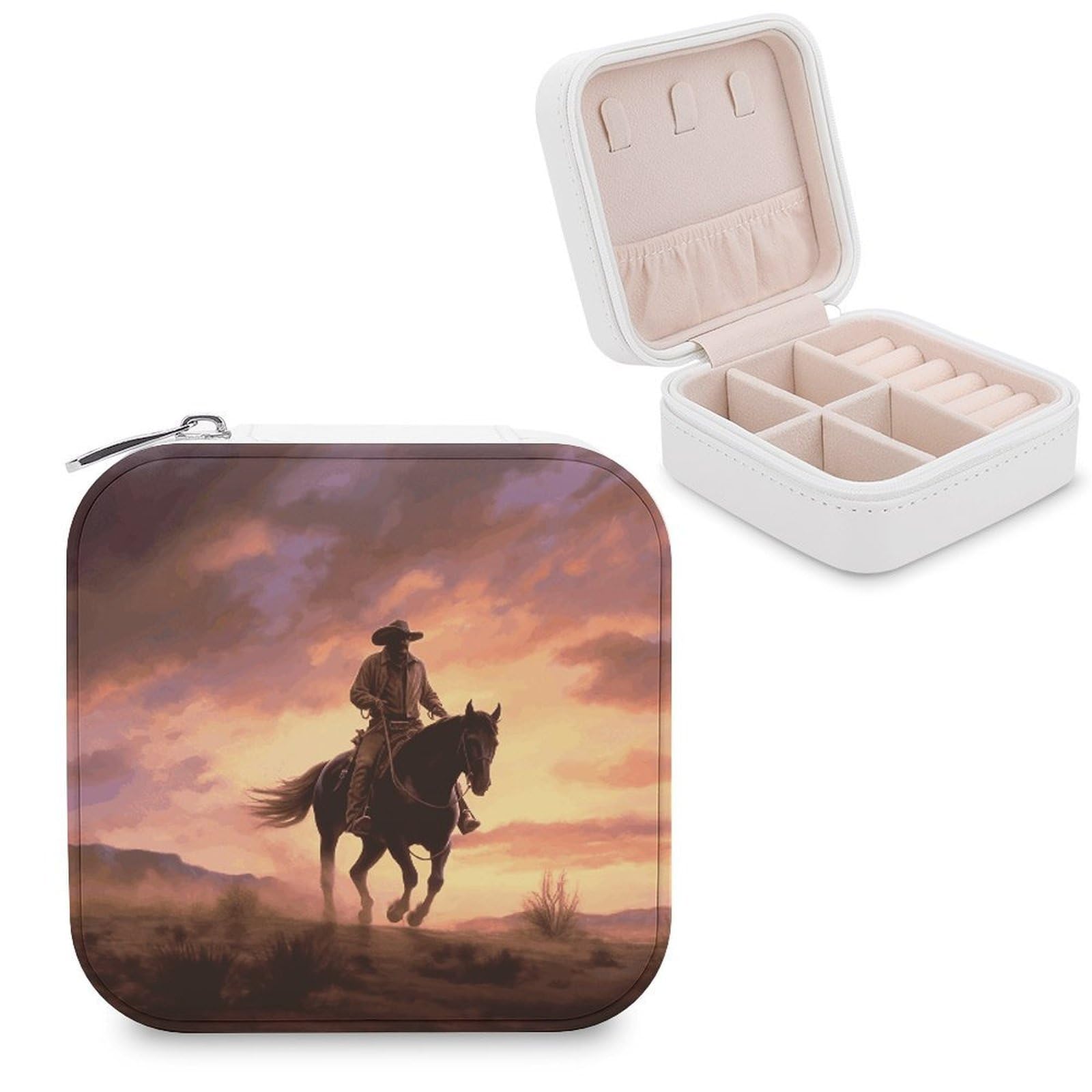 FekiLoot Cowboy West Jewelry Case Leather Jewelry Organizer Travel Jewelry Case Portable Small Jewelry Box Mini Display Storage Box Trinket Organizer for Ring Earring Necklace
