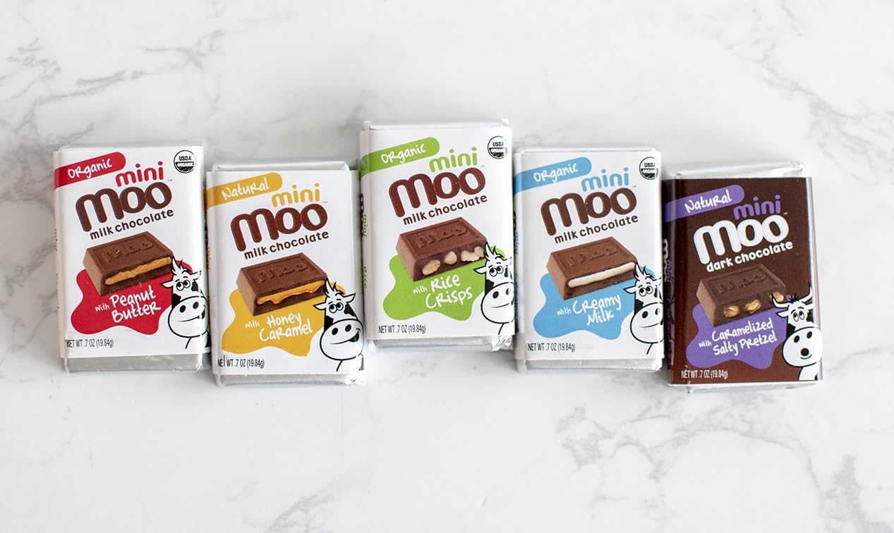 Moo Chocolates All Natural Dark Chocolate Mini Bars with Caramelized Salty Pretzel 0.7 oz, 28 ct (Pack of 2) | 100 Calorie Snacks for On-the-Go, Lunchboxes, Office