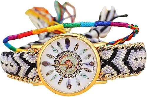 Jewelry Creative Quartz Wrist Watch Colorful Feather Pattern Braided Rope Bracelet for Women Gift E,Colour:C (Color : A)