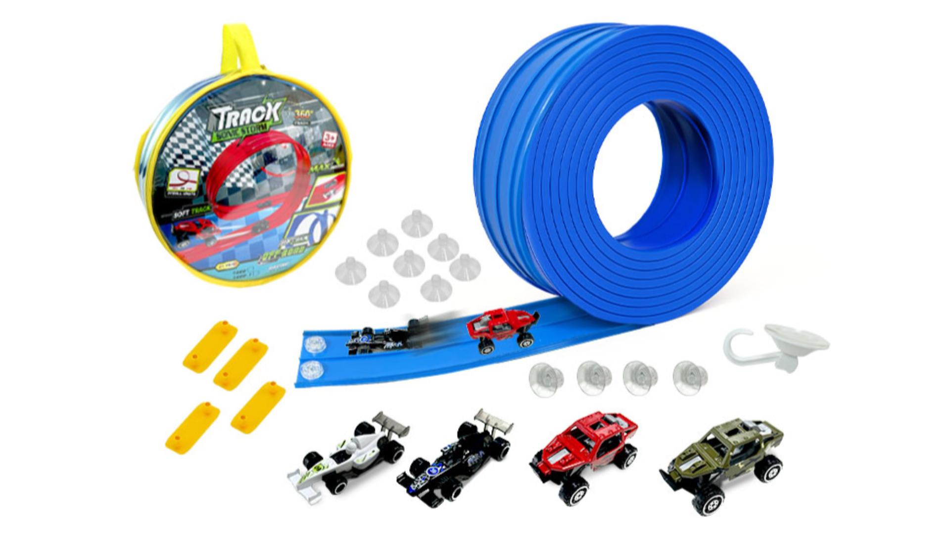 Circuit De Course Flexible 4 M – Double Voie – Avec 4 Voitures – Ventouses – Sac De Transport – Dès 3 Ans