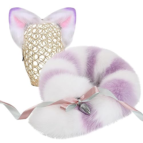 Fox Tail Butt Plug and Matching hair Clip Handmade White and purple zebra stripes Nine tailed fox fur Detachable Design Stainless Anal Plug Multi-Function Soft Hair Fox Tail Anal Toys - 80cm Tail - 2.8CM Anal Plugs
