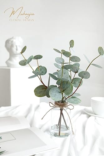 Miniatura 3 de Tallos artificiales de eucalipto en jarrón de vidrio con agua falsa, 3 piezas de planta falsa con hojas verdes de doble cara para centro de mesa