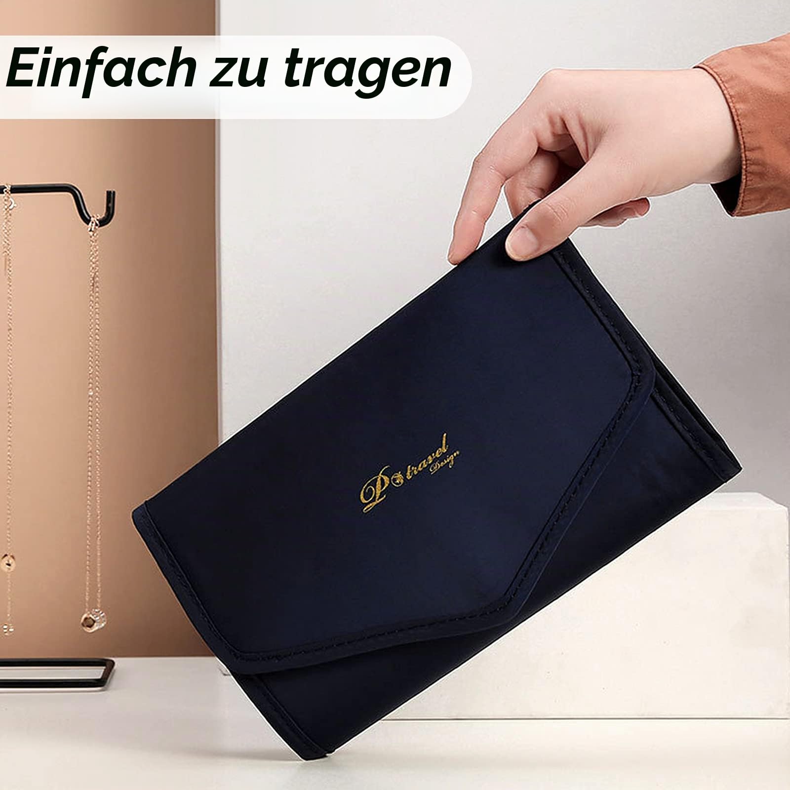 Tasche mit Schmuckrollen für Reisen, faltbar, Aufbewahrungstasche für Schmuck, Organizer, Schmuckbeutel, zur Aufbewahrung von Armbändern, Halsketten, Ringen
