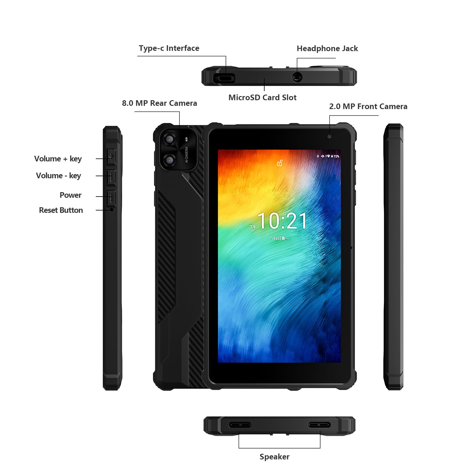 PRITOM 7-Zoll-Tablet mit Android, 12 GB RAM, 64 GB (erweiterbar auf 1 TB), Tablet-PC, Bluetooth, Dual-Kamera, WLAN, tragbarer Mini-Tablet-PC mit schwarzer Hülle