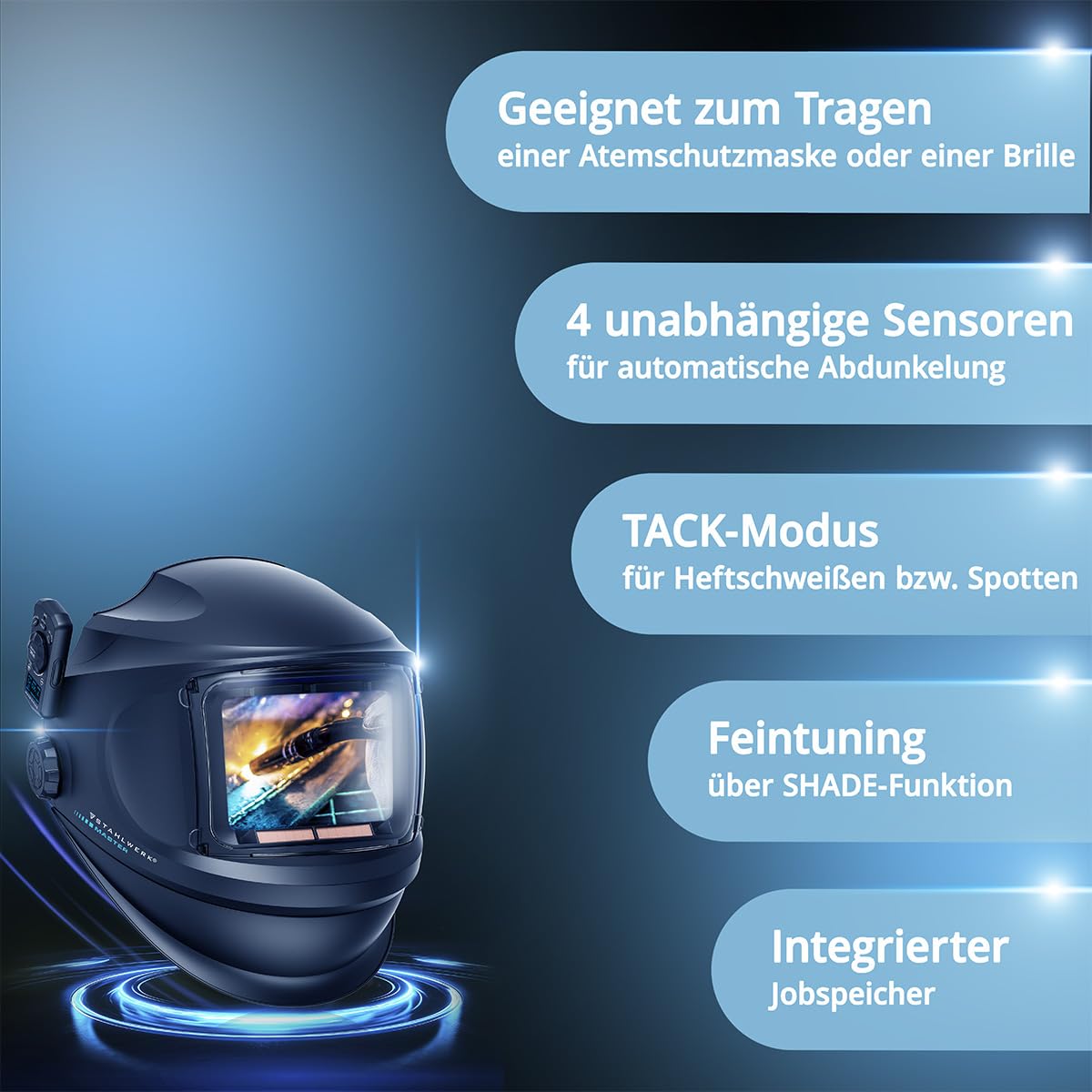 STAHLWERK Automatik-Schweißhelm 3-in-1 Master mit True-Colour & Jobspeicher | Schweißerhelm mit autom. Abdunkelung DIN 4-14, optische Klasse 1/1/1/1, Klapp-Visier, Bluetooth, Sichtfeld 116 x 81 mm